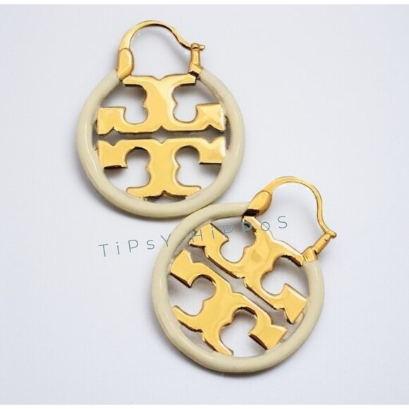 Tory Blue White Enamel and Gold Miller Logo Hoop Earrings - Picture 1 of 3